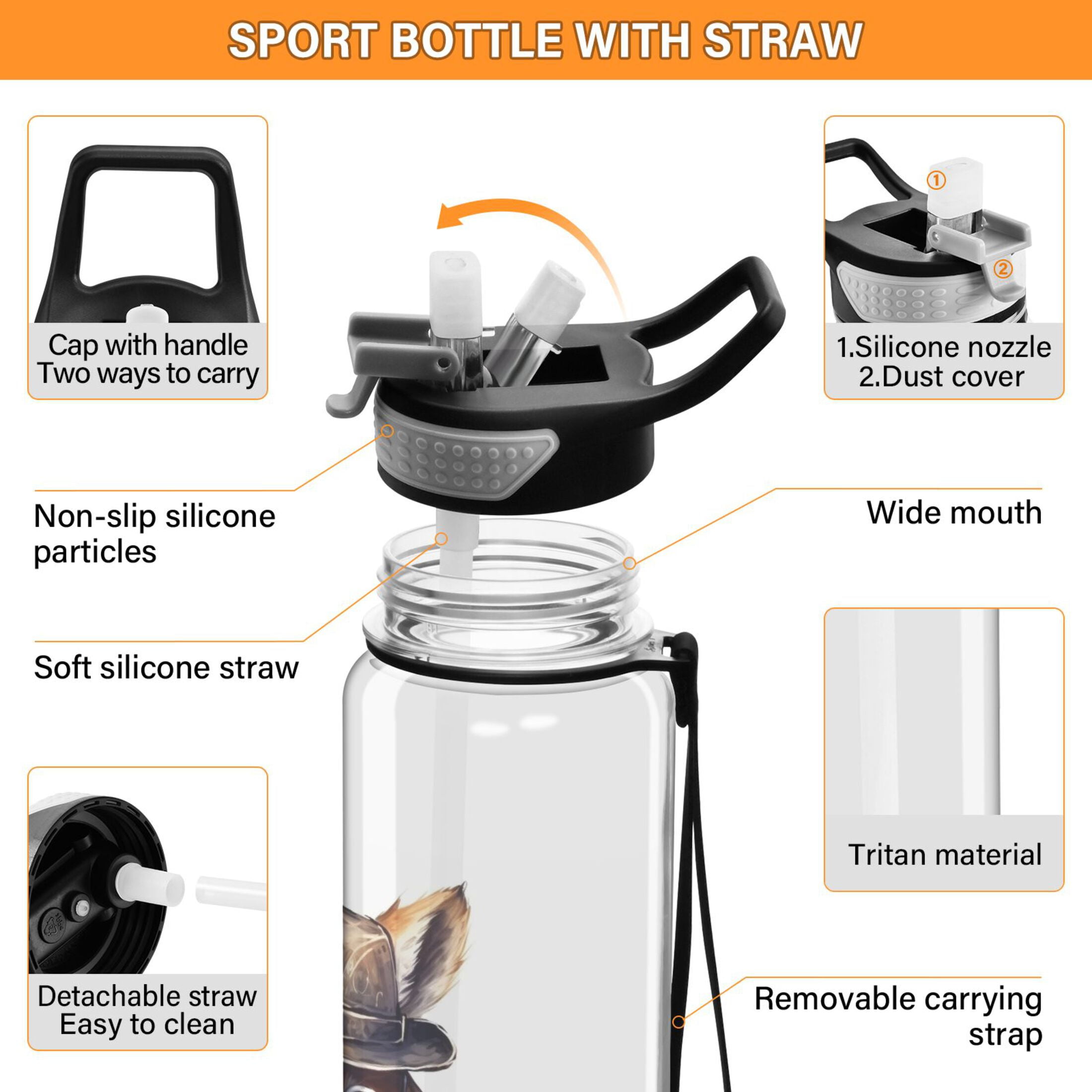Fox Glasses Book Hat Suit Sports Water Bottle Portable Travel Mug 32oz BPA Free Leak Proof Straw Transparent Tritan for Gym Yoga Cycling Camping