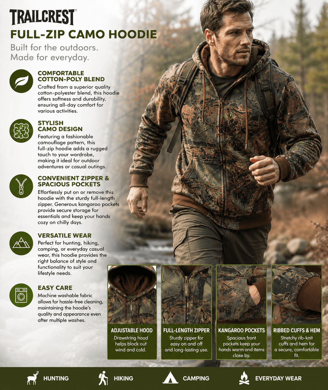 TrailCrest Men’s Full Zip Up Camo Hoodie Sweatshirt Casual Fashion Sweater Hooded Jacket, XL