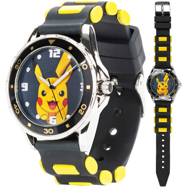 Accutime Kids Pokemon Pikachu Reloj de pulsera analógico de cuarzo con correa negra y amarilla, regalo económico y regalo de fiesta para niños, niñas y adultos de todas las edades (Modelo: POK9056AZ)