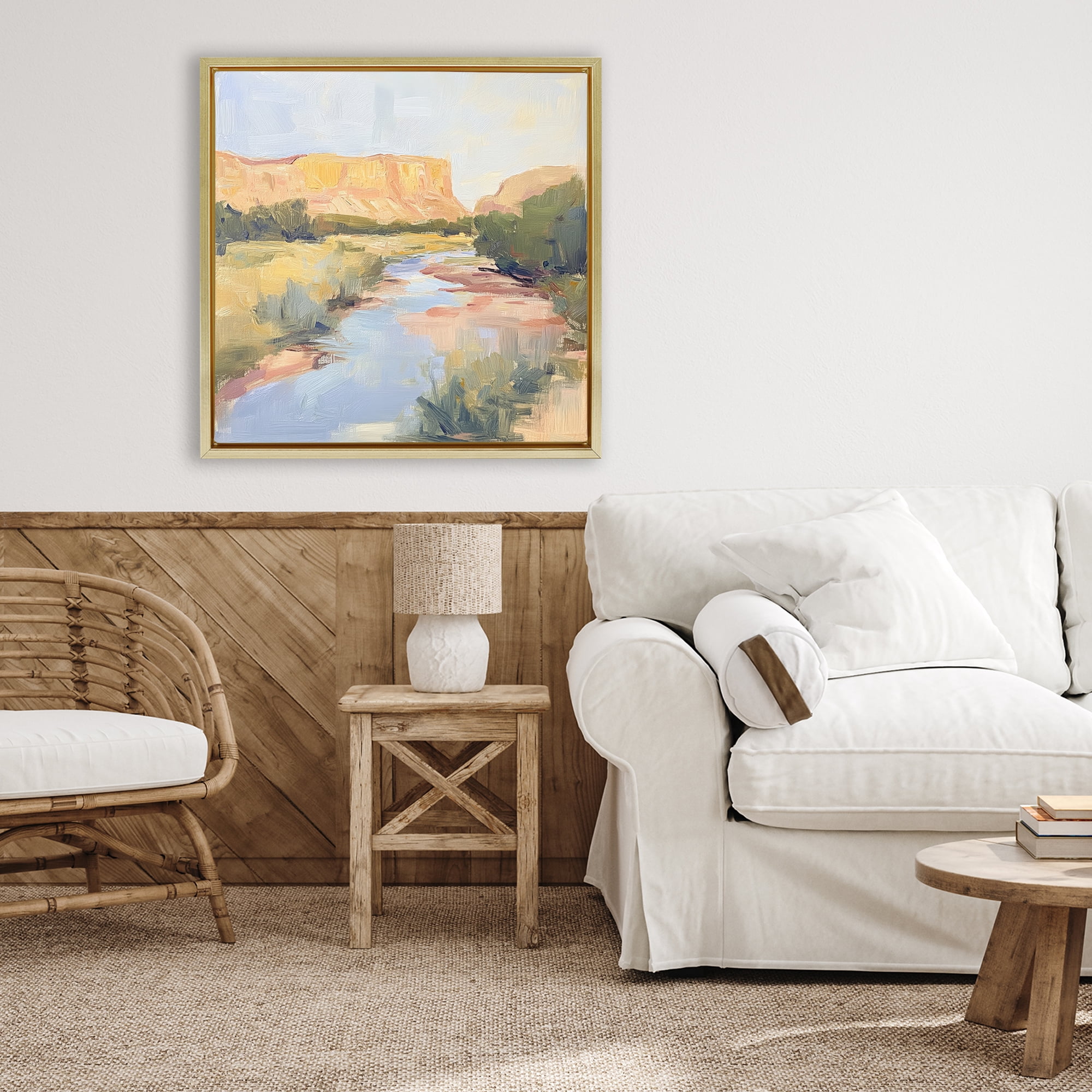 Stupell Industries Painted Plateau River Reflection Gold Framed Floater Canvas Wall Art, design by Petal Prints Design