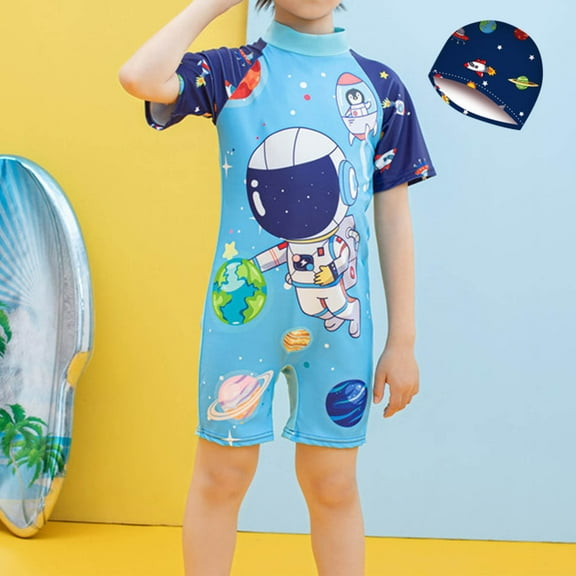 ATOGUTA Boys One Piece Swimsuit Zipper Rash Guard with Swim Cap Short Sleeve Bathing Suit Light Blue, Size 3T-11