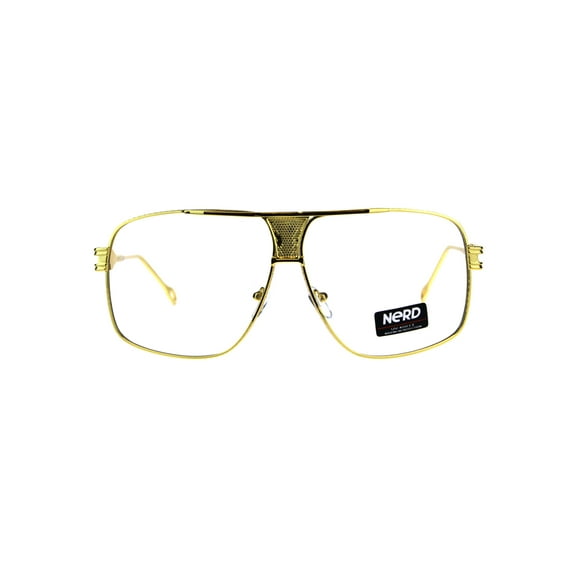 Mens Gold Oversize Clear Lens Nerdy Rectangular Racer Eyeglasses