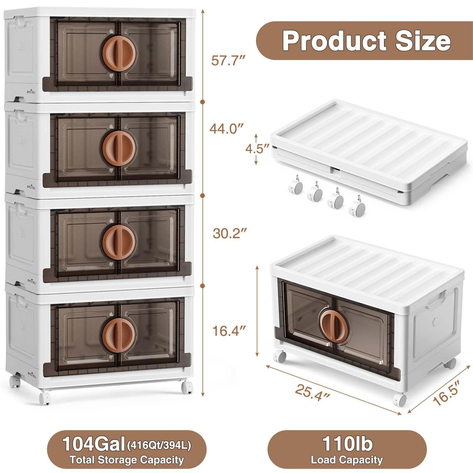 BROVIEW V9 120Gal Stackable Storage Bins, Plastic Collapsible Storage Bins with Lids and Wheels, Clothes Organizers and Storage Drawer, Folding Cabinets with Doors for Home, 4PCS Brown