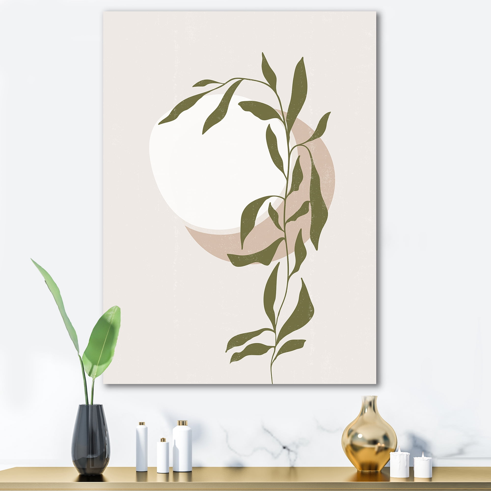 Designart ' Abstract Moon and Sun With Green Leaf III ' Modern Canvas Wall Art Print