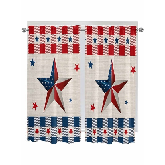 Bedroom Curtains 63 Inches length, 4th of July Country Star Window Treatment Curtain Drapes, Independence Day Patriotic Red Blue Plaid Rod Pocket Curtain Panels for Living Room, 42"x63", 2 Panels