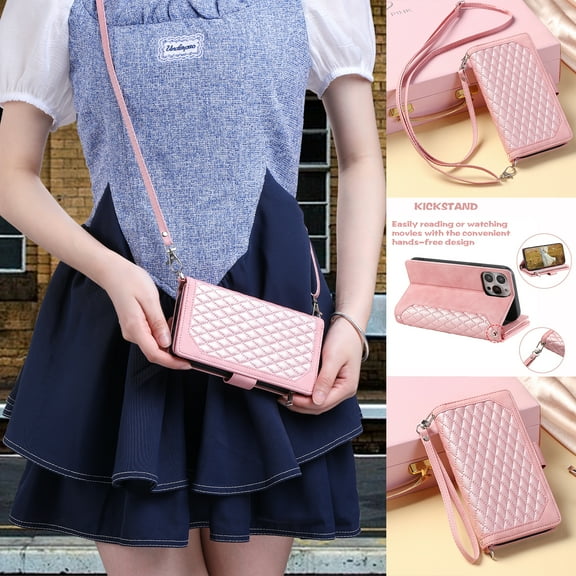 K-Lion Lattice Wallet Case for iPhone 14 Pro, Luxury Zipper Crossbody Lanyard Magnetic Clasp Folio Case with Wrist Strap Card Slots Holder Kickstand Handbag Flip Phone Cover,Rosegold