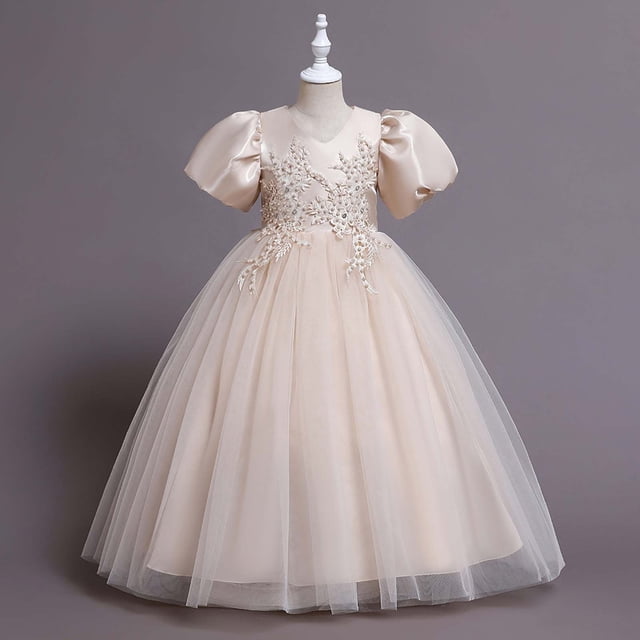 DPTALR Robe pour Enfants Fille à Manches Courtes Robe de Princesse Robe à Queue Fleurie Jupe Robe