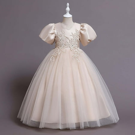 

Rewenti Children s Dress Girl Short Sleeve Princess Dress Flower Tail Dress Skirt Tutu Dress Khaki 3-4 Years