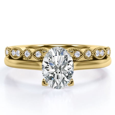 JeenMata Filigree Milgrain Decorative 1.25 Carat Ovate Prong Setting Bridal Ring Set in 18K Yellow Gold Plating over Silver (CUSTOMIZE YOUR WEDDING RING BAND)