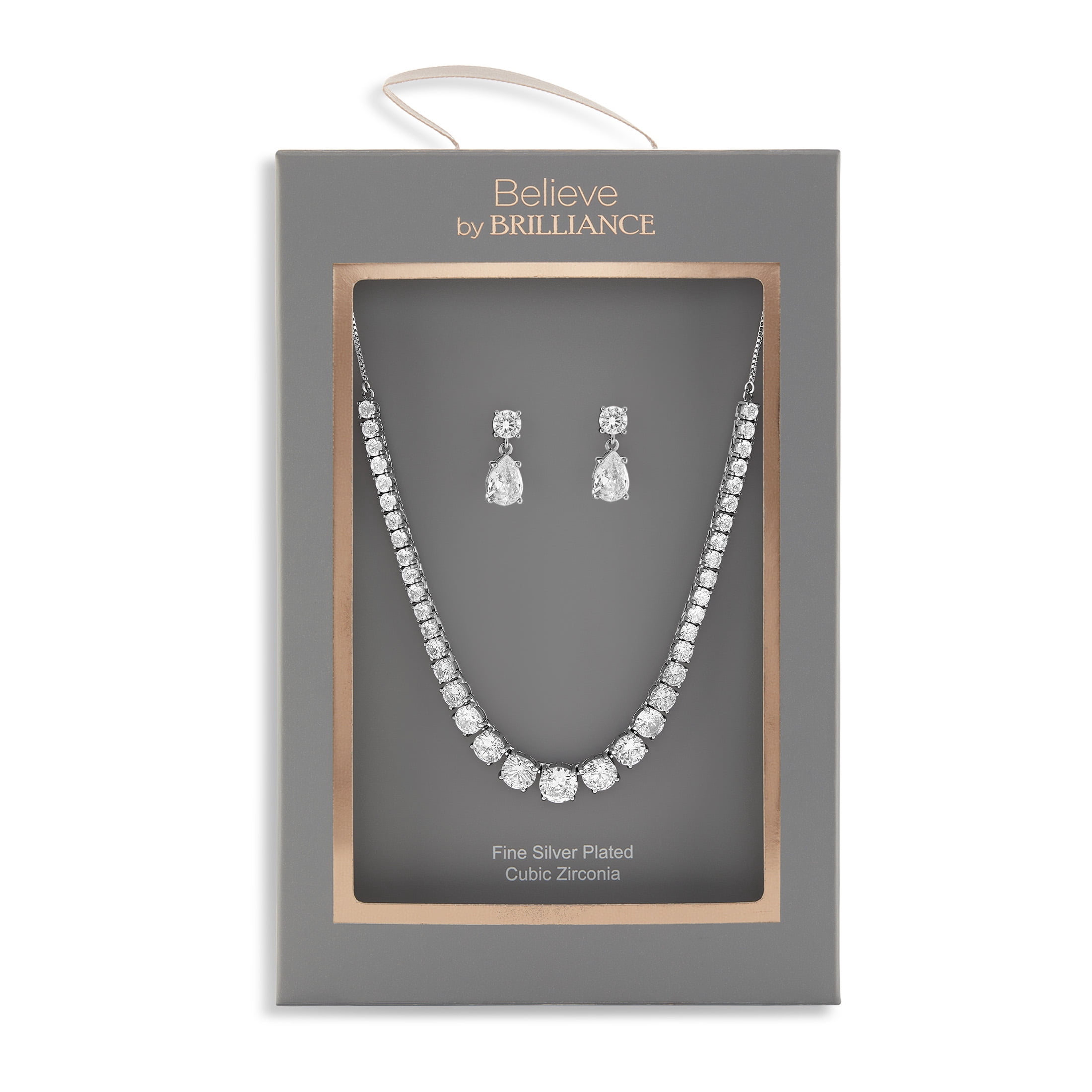 Believe by Brilliance Women's Fine Silver Plated CZ Tennis Necklace and Drop Earring Set