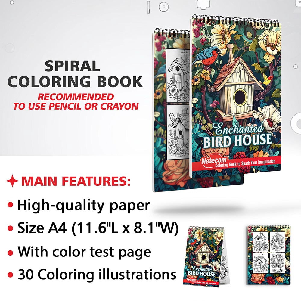 Netecom Enchanted Bird House Coloring Book for Adults, Spiral Bound, Soft Cover
