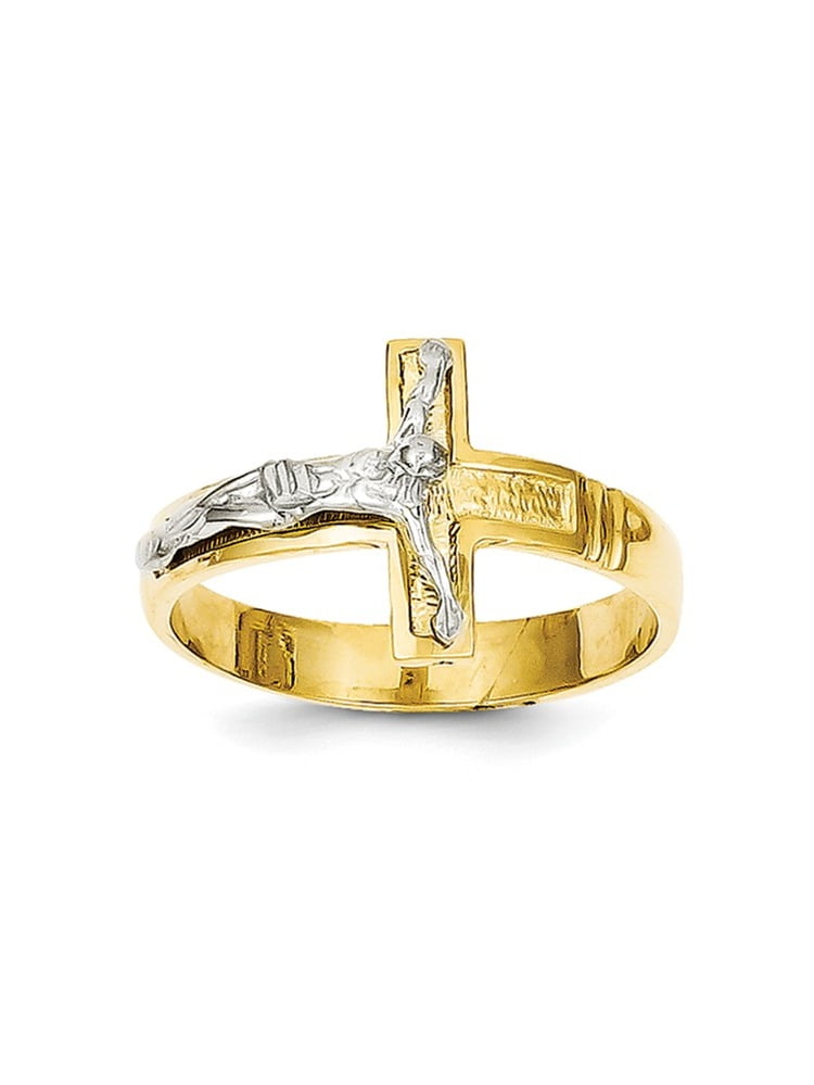 Solid 14k Gold Two-tone Polished & Diamond-Cut Mens Crucifix Cross Ring ...
