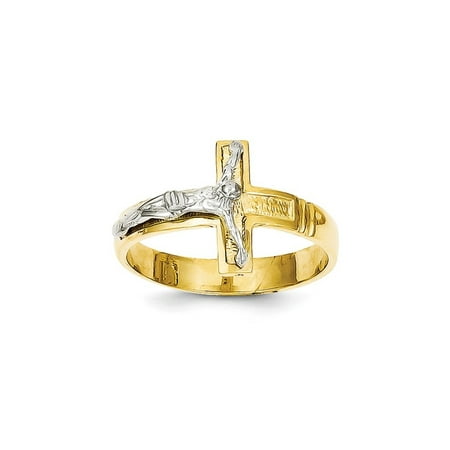 - Solid 14k Gold Two-tone Polished & Diamond-Cut Mens Crucifix Cross Ring (3mm) - Size 8