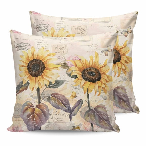 Sunflower Vintage 20x20 Pillow Covers Set of 2, Farmhouse Botanical Floral Butterfly Throw Pillow Covers Decorative Couch Cushion Case, Microfiber Square Pillowcases for Bedroom Car Living Room