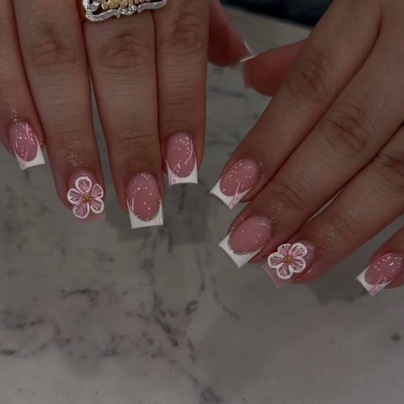 FEOLGEHLY Summer 3D White Flower Press-on Nails French Medium Short Almond Hand-carved False Nails 24 Pieces Reusable ABS Resin Nail Art for Women Daily Wear (as show)