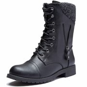 DailyShoes Womens Military Lace Up Buckle Combat Boots Zipper Sweater Ankle High Exclusive Credit Card Pocket, Black Pu, 10