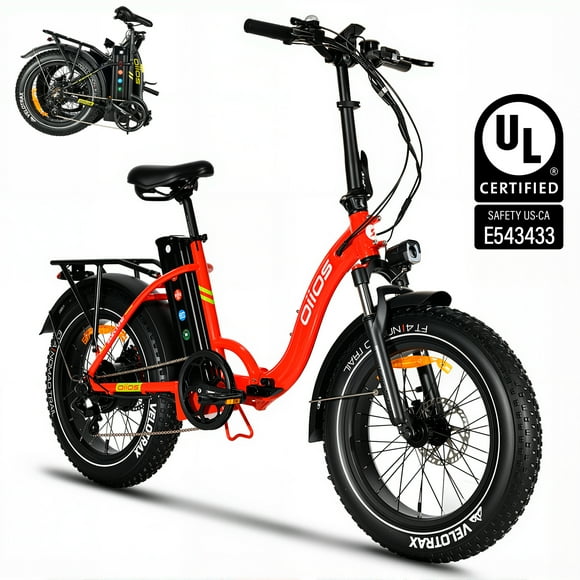 OIIOS Electo Vélo Électrique Pliable à Gros Pneus pour Adultes - 48 V 15,6 Ah 750 W Certifié UL - Cadre Ouvert - Freins Hydrauliques - Autonomie de 95 km - Orange Vif