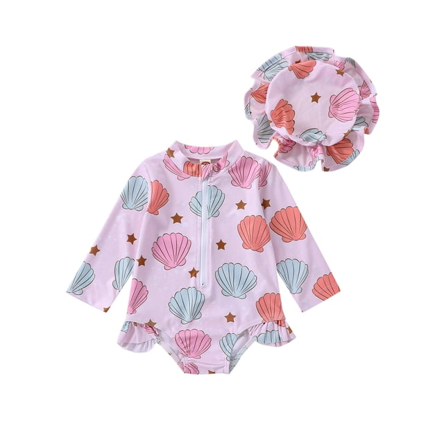 Faithtur Baby Girls Spring Summer Romper Swimwear Long Sleeve Floral/Shell Print Bathing Suit with Hat