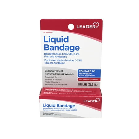 Leader Liquid Bandage with Benzethonium Chloride 0.2% , First Aid Antiseptic, Seals to Protect, for Small Cuts & Wounds, 1 fl oz