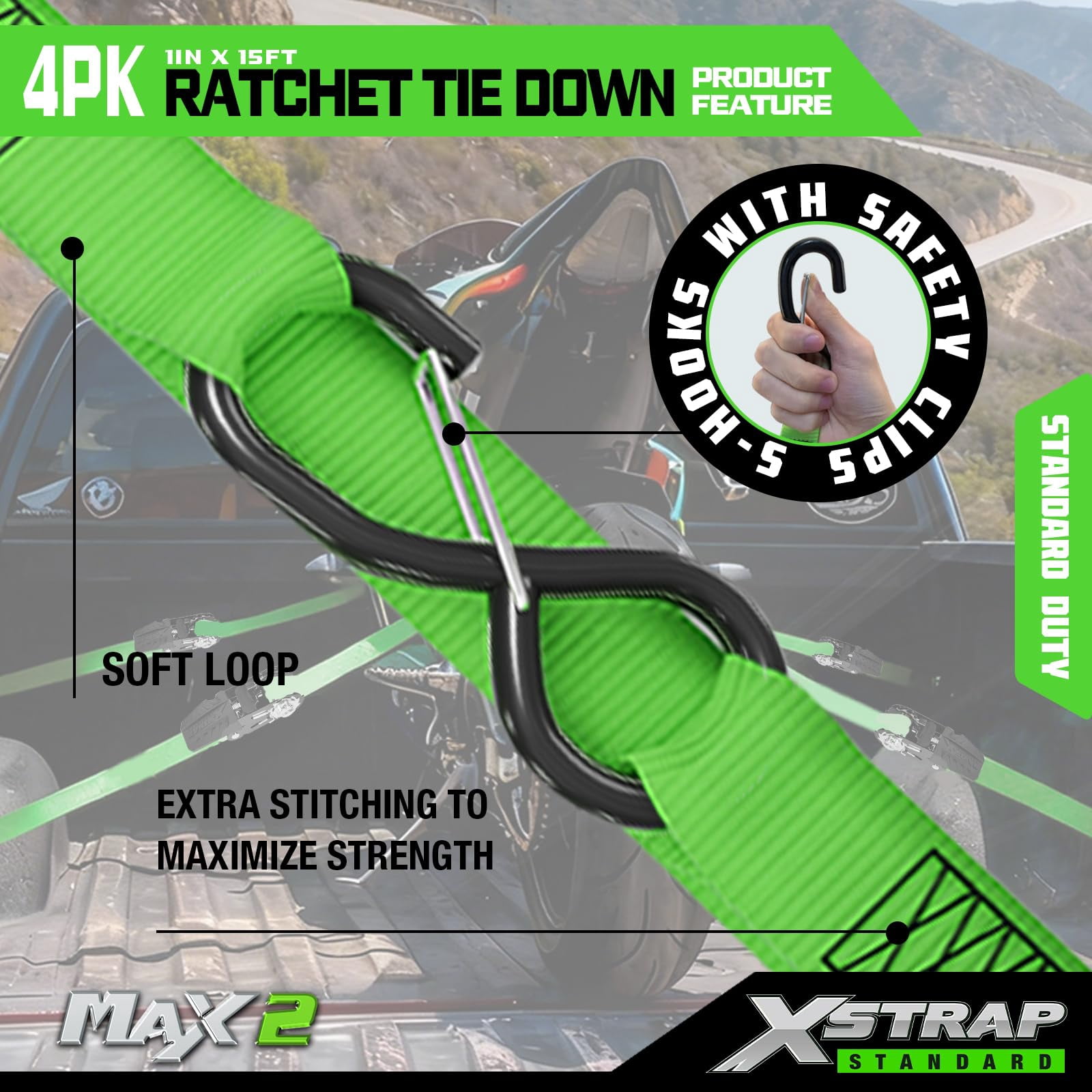 XSTRAP STANDARD Ratchet Tie Down Straps - 4 Pk - 1'' x 15 Ft 1890 Lbs Break Strength-Cargo Straps with Integrated Soft Loops, Truck (Green)