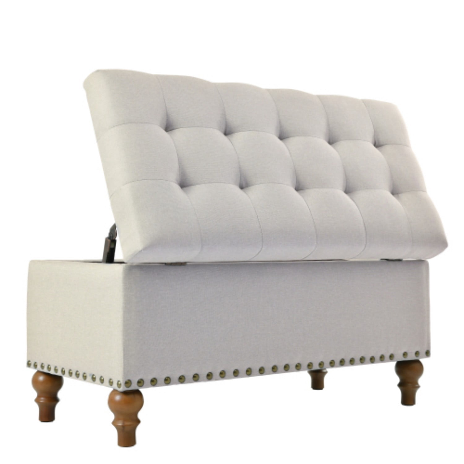 Storage Ottoman Bench with Hinged Lid, Linen Upholstered Footrest with Hidden Storage, Bedroom Entryway Living Room Bench, Beige