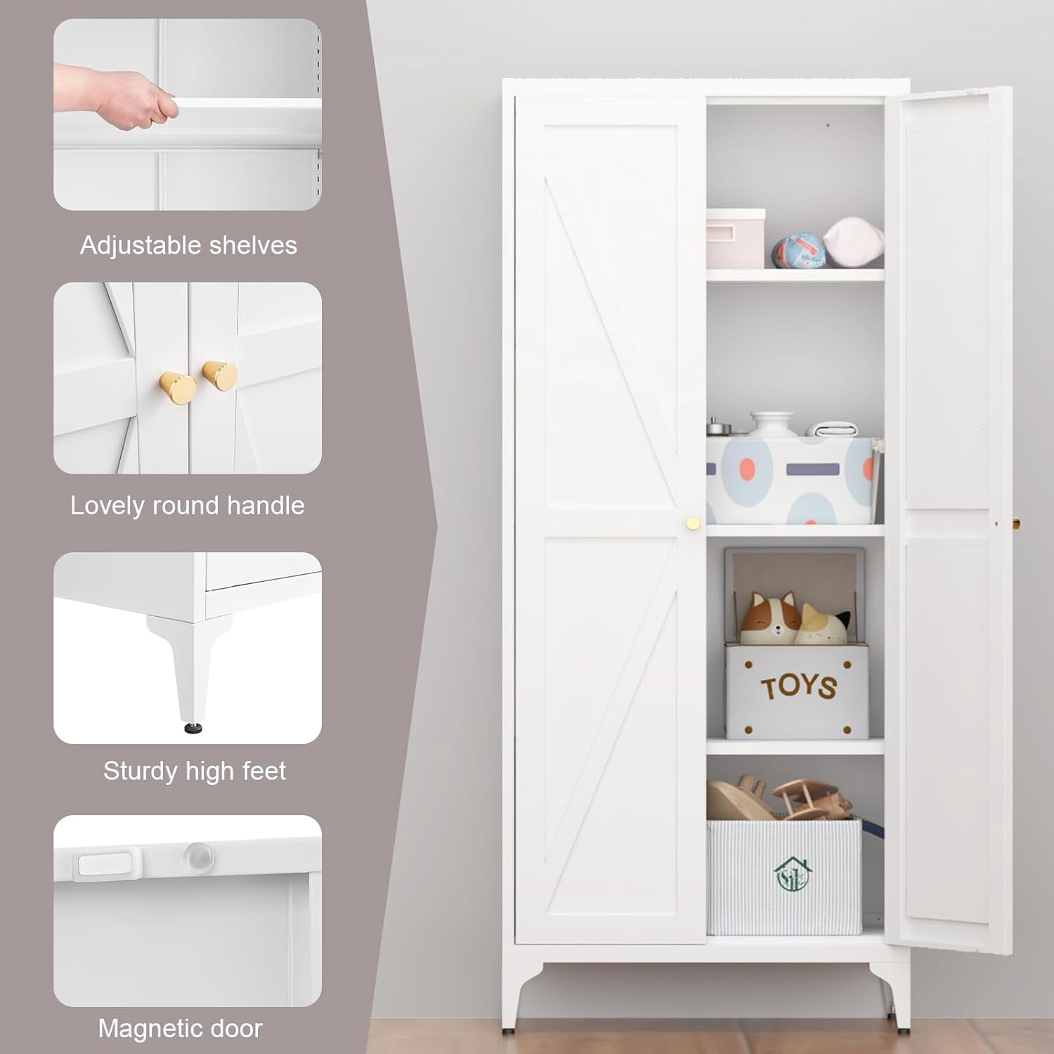 Howcool 65" 2-Door Steel Storage Cabinet with Adjustable Shelves for Kitchen Living Room Office, White