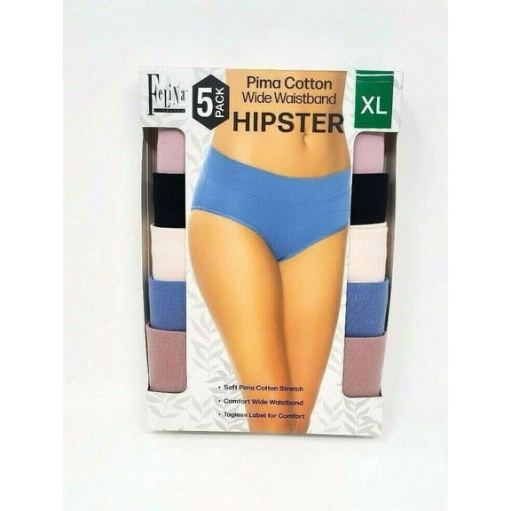 Felina, 5-Pack Pima Cotton Wide Waistband Hipsters Size: XL, Color: Black