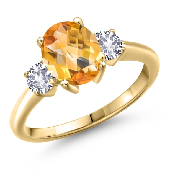 Gem Stone King 10K Yellow Gold Yellow Citrine and White Created Sapphire Engagement Ring for Women | 2.15 Cttw | Oval Checkerboard 9X7MM | Gemstone November Birthstone | Size 5