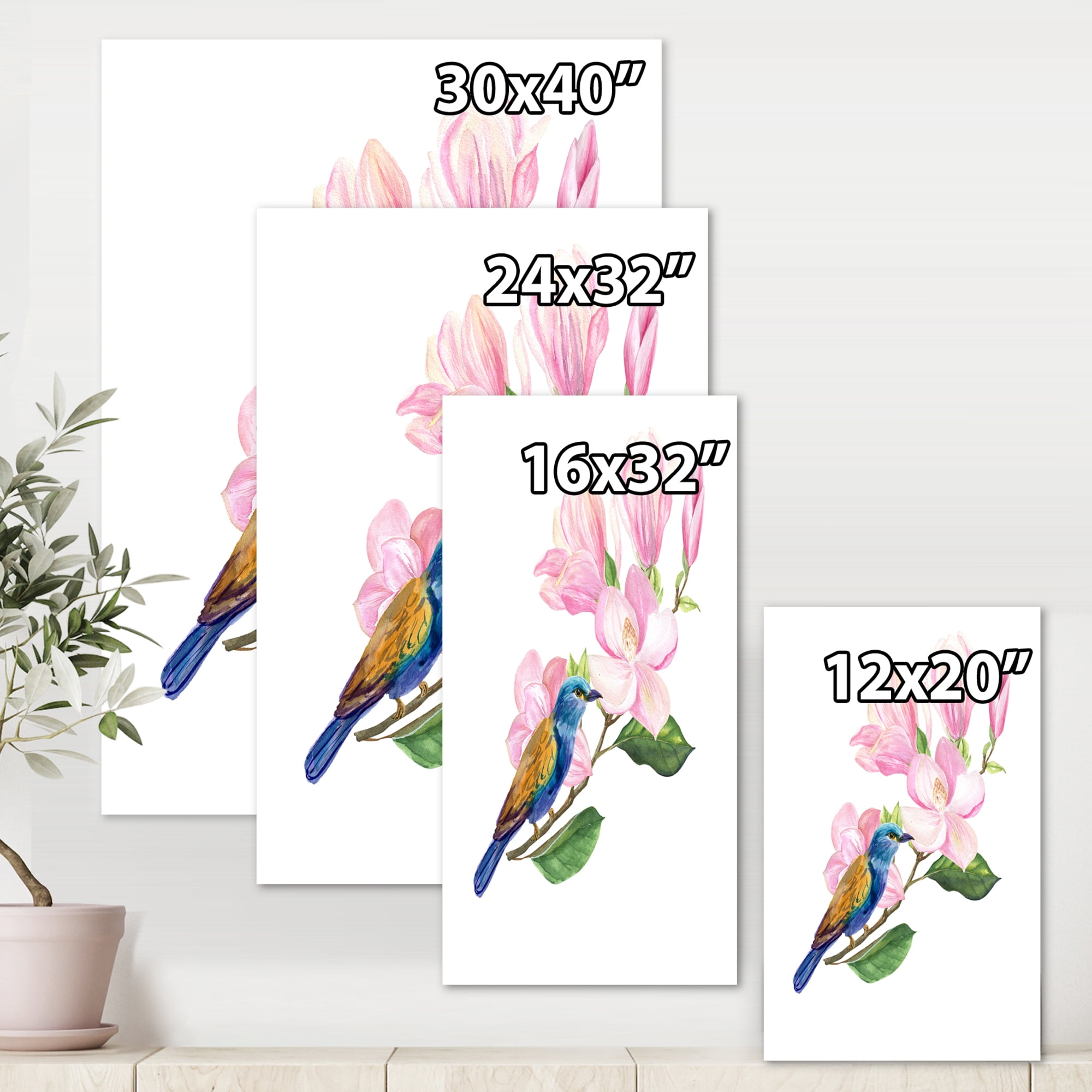 Designart ' Blue Bird Sitting On A Pink Magnolia ' Traditional Canvas Wall Art Print