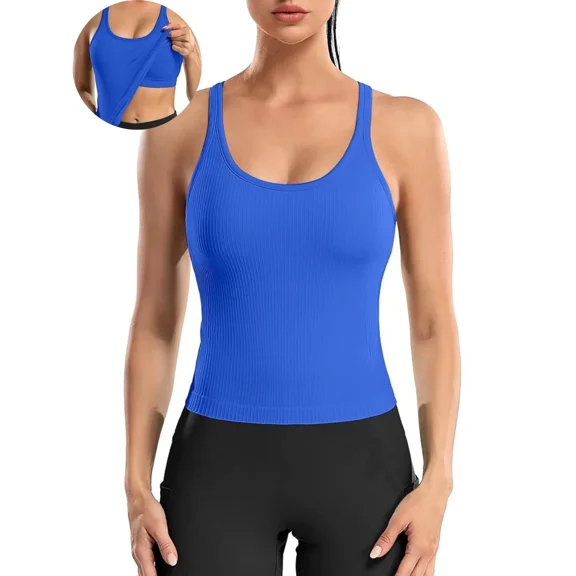 ANFERRY Ribbed Athletic Tank Tops for Women with Built in Bra Racerback Seamless Scoop Neck Workout Camis Top
