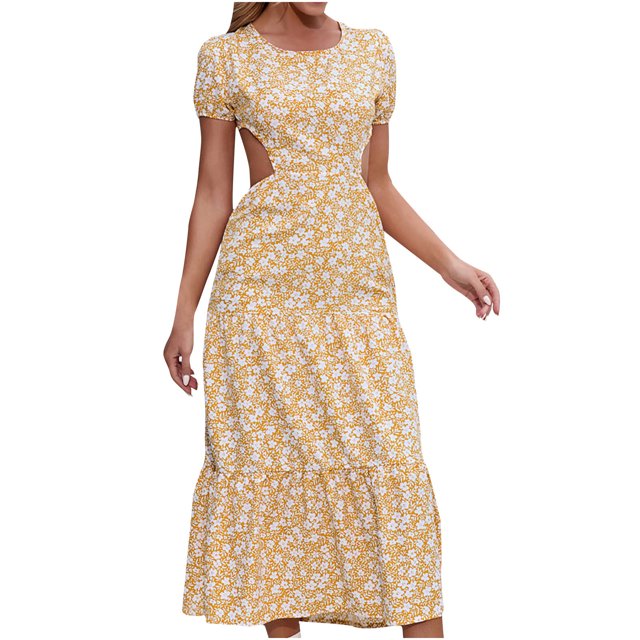 Pompotops Robe Longue Décontractée pour Femmes, Col Rond Sexy, Manches Courtes, Dos Nu