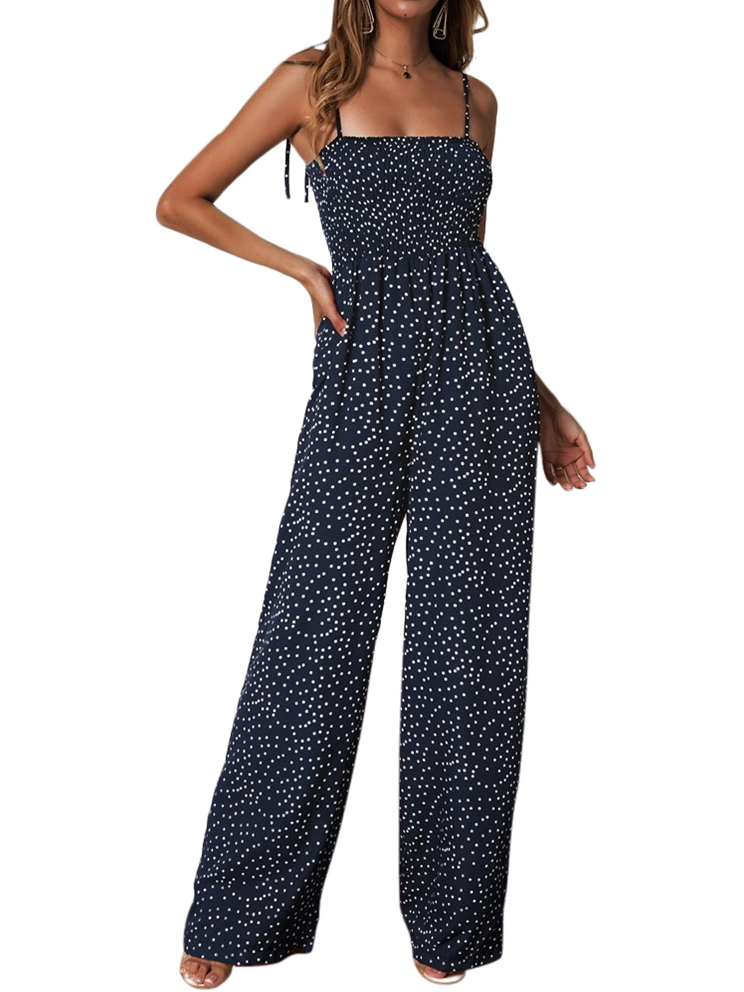 Polka Dot Jumpsuit For Women Sexy Spaghetti Strap Sleeveless Evening Party Playsuit Wide Leg