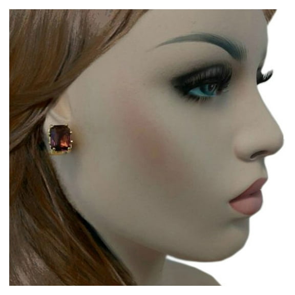 Large Crystal Purple Amethyst Color Gold Tone Octagon Clip On Earrings Ladies Adult Female Women