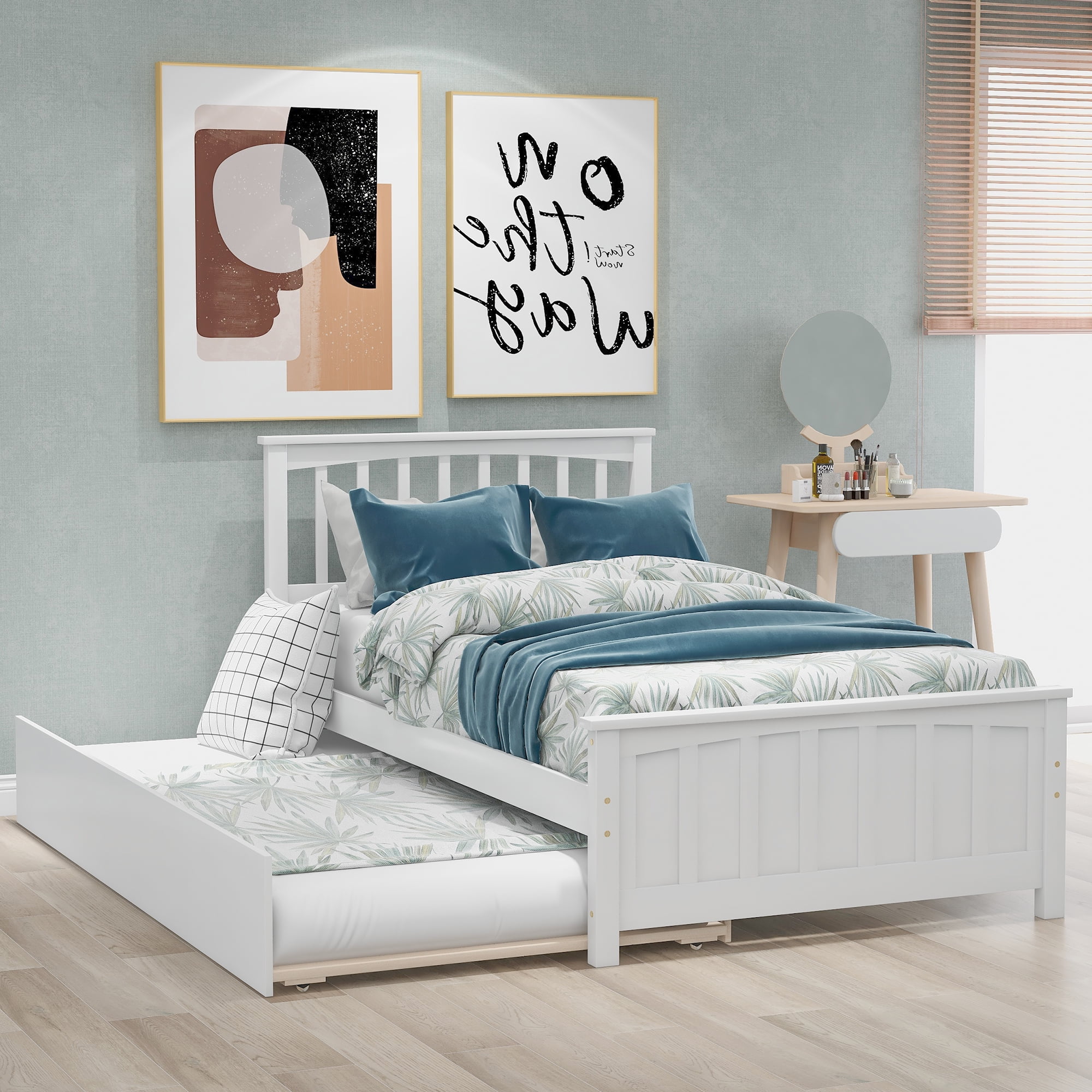 Gewnee Wood Twin Size Platform Bed with Trundle and Headboard for Kids,White