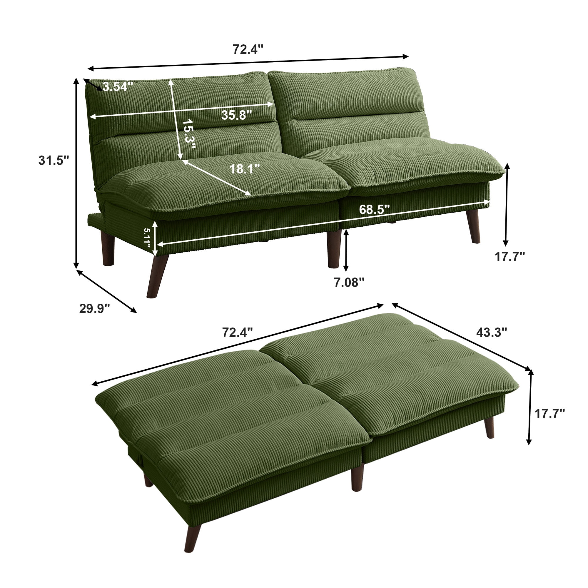 Pingliang Home 72" Futon Convertible Sofa Bed,Modern Linen Loveseat Sleeper Sofa Couch for Living Room Apartment Dorm Bedroom Office Studio,Green
