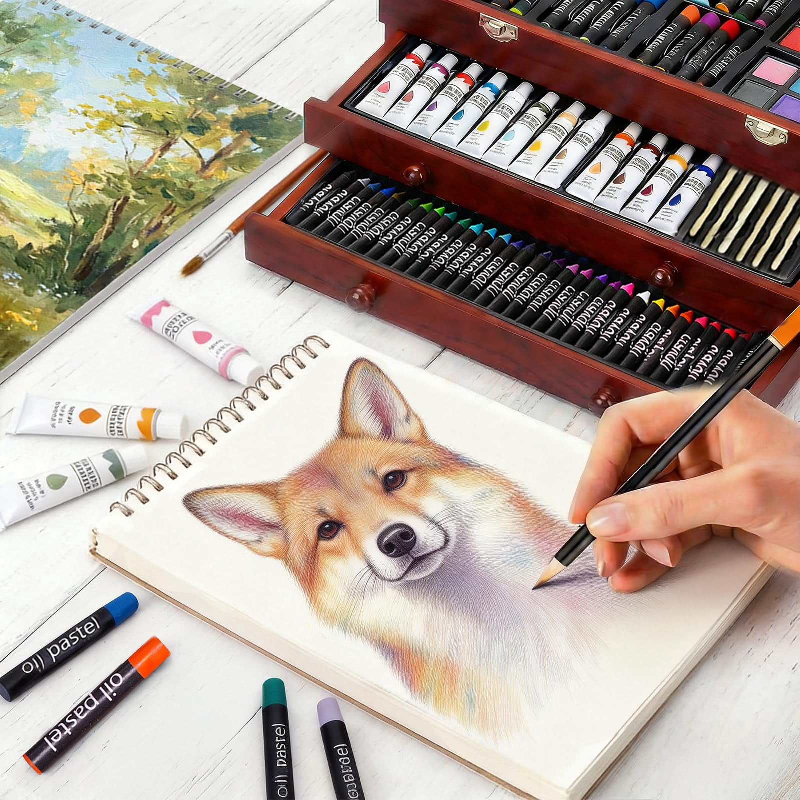 175-Pack Deluxe Wooden Art Set Drawing Painting Kit with 2 Drawing Pads, Acrylic Paints, Colored Pencils, Crayons, Paint Brush, Art Kit in Wooden Case, Gift for Artist, Adults, Teens and Kids