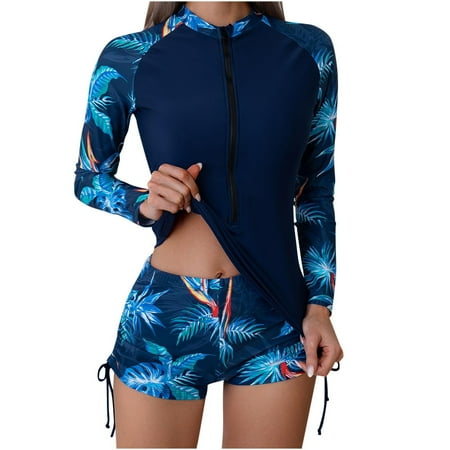 Abomasnow Women s Long Sleeve Sun Protection Zipper Swim Shirts with Print Boyshorts Two Piece Bathing Suit Tummy Control Swimsuits