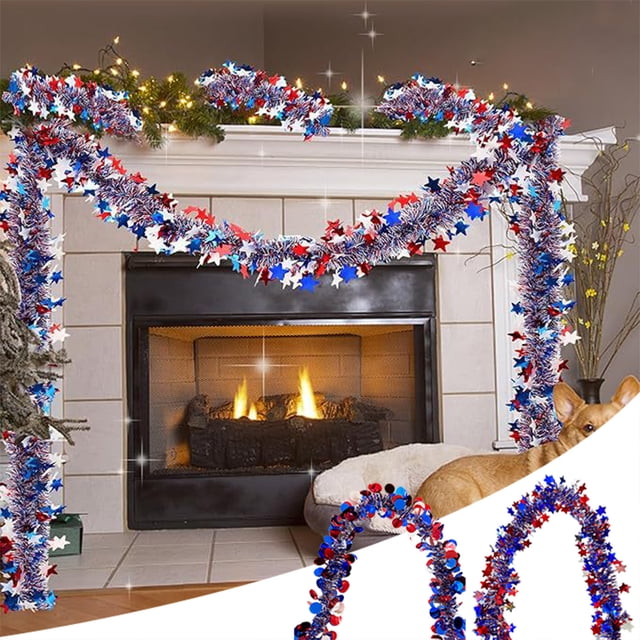 Cintas tricolores del Día de la Independencia | Rojo, Blanco, Azul, Plástico, Decoración de Estrellas | Guirnalda colgante de 59 pulgadas | Decoraciones del desfile de la fiesta patriótica | Diseño
