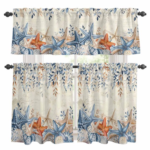 Blue Coastal Kitchen Curtains Sets for Windows 24 Inch Length, Summer Beach Starfish Weeping Eucalyptus Retro Rod Pocket Window Treatments Tier Curtains and Valances Set for Bedroom/Bathroom