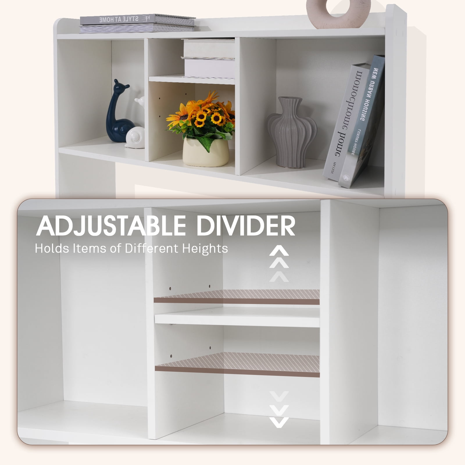 Desktop Bookshelf, Office Desktop Shelf, Wood Desk Hutch for Computer Desk, Adjustable Display Rack, Multipurpose Desktop Bookshelf Storage Organizer, White