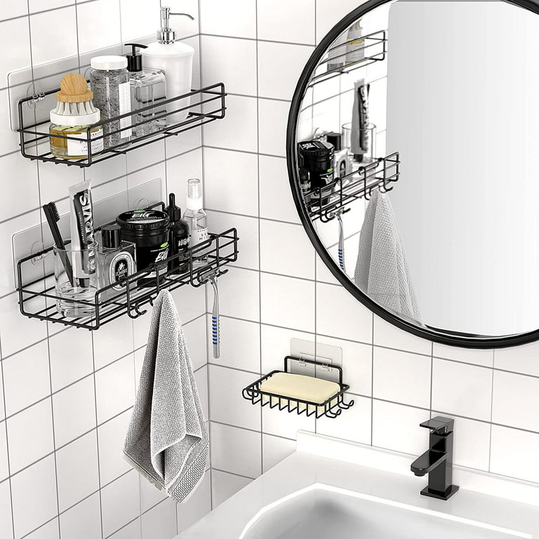 Moforoco 3-Pack Shower Caddy Basket Shelf with Soap Holder, No Drilling Traceless Adhesive Shower Wall Shelves, Rustproof Black Bathroom Shower