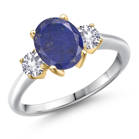 Gem Stone King 10K Two Tone Gold Blue Lapis and White Created Sapphire Engagement Ring for Women | 2.50 Cttw | Oval 9X7MM | Gemstone Birthstone | Size 5