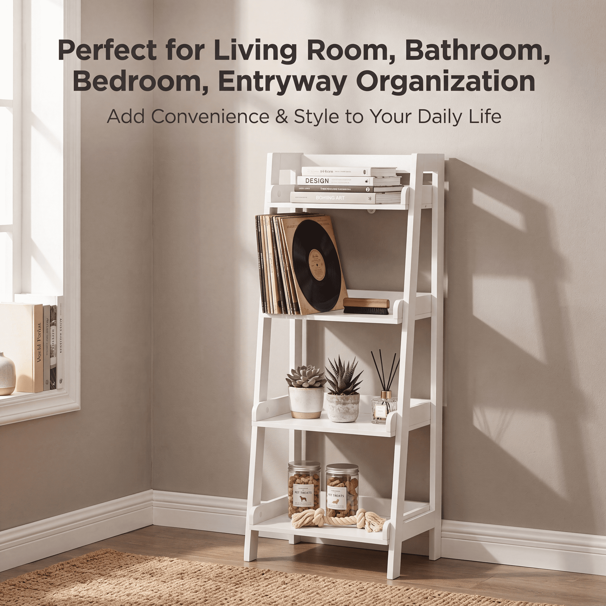 UTEX, Ladder Shelf, 4-Tier White Freestanding Wood Shelving Unit