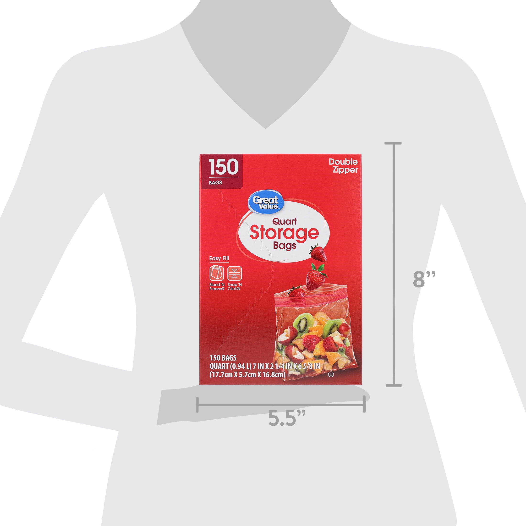 Great Value Double Zipper Quart Storage Bag, 150 Count