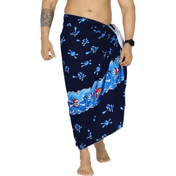 HAPPY BAY Men's Halloween Costumes Summer Sarong Wrap Pareo Caribbean Pirates Swim Trunks Swimwear Full Beach Wraps for Men One Size Skull Crossbones, Blue