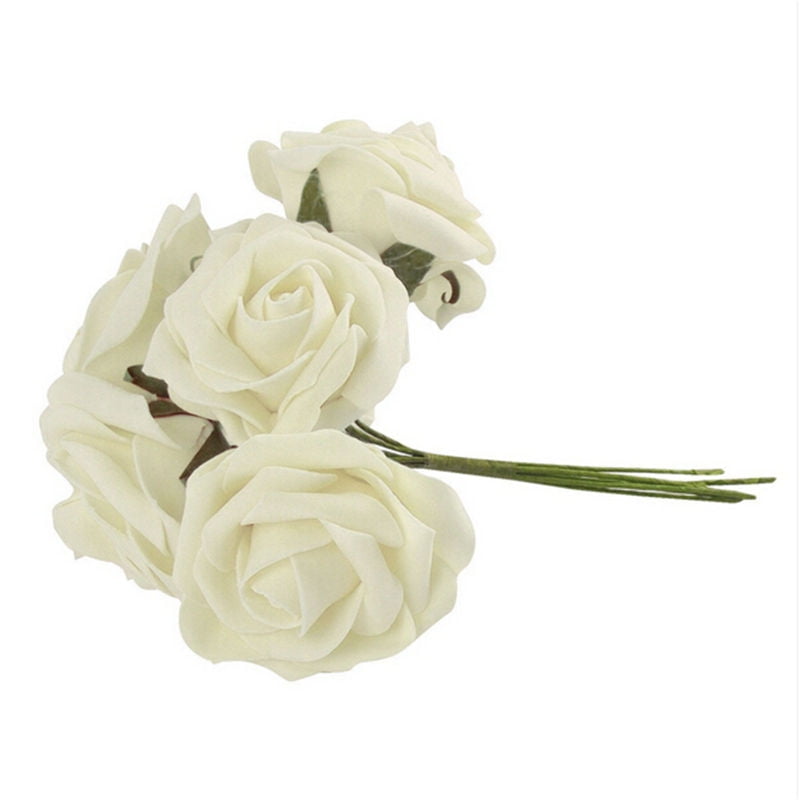 Wedding Flower Bouquet Ivory 6 Head 8cm Artificial Colourfast Foam Rose Bunch 