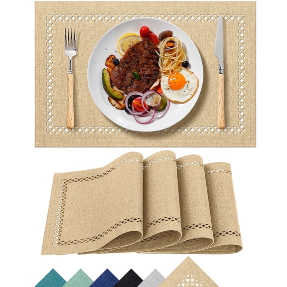 Placemats Set of 4, Yamaziot Double Layer Cloth Fabric Heat Resistant Place Mat, Washable Reversible Rectangle Dining Table Mats, Hollow Khaki, 12"x18"