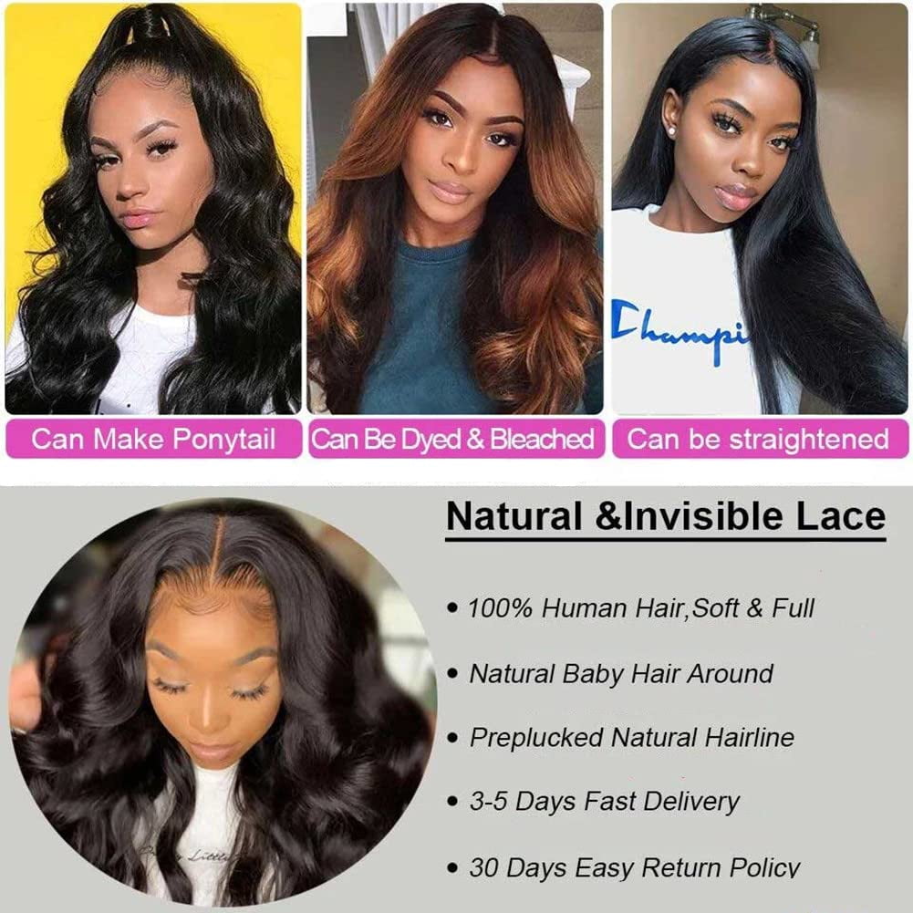 13x6 HD Transparent Body Wave Lace Front Wigs Human Hair Wigs for Black Women Glueless Brazilian Virgin Lace Frontal Wigs Human Hair Pre Plucked With Baby Hair Natural Black
