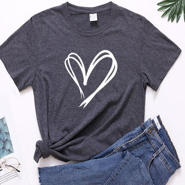Meichang Happy Valentines Day Chemises Femmes Mignon Imprimé Cœur T-Shirts Manches Courtes Décontracté Col Rond T-Shirts Happy Valentines Day Chemises
