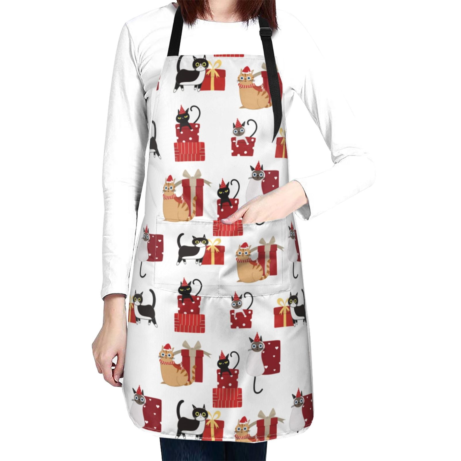 Kdxio Cute Cat And Christmas Gift Apron with Pockets Adjustable Kitchen Aprons for Men Women Waterproof Aprons for Cooking,Drawing,Crafting, Baking Household Cleaning